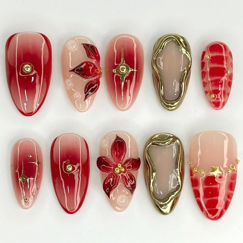 CJDLTS 24Pcs 3D Flower Fake Nail Medium Almond Gold Stars Rhinestones Lines Design Stick on Nails Full Cover Reusable Coffin Press on Nails Artificial Acrylic Fingernails for Women Manicure - Image 1
